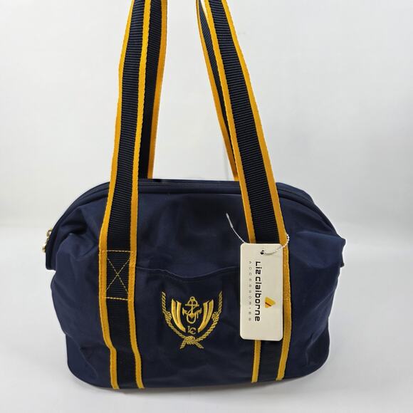 Liz Claiborne Nautical Tote Travel Bag Duffle Anchor Small Nylon Blue Yellow 90s - Picture 2 of 16